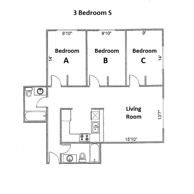 Floor plan for 3 beds, 2 baths, 980 sqft